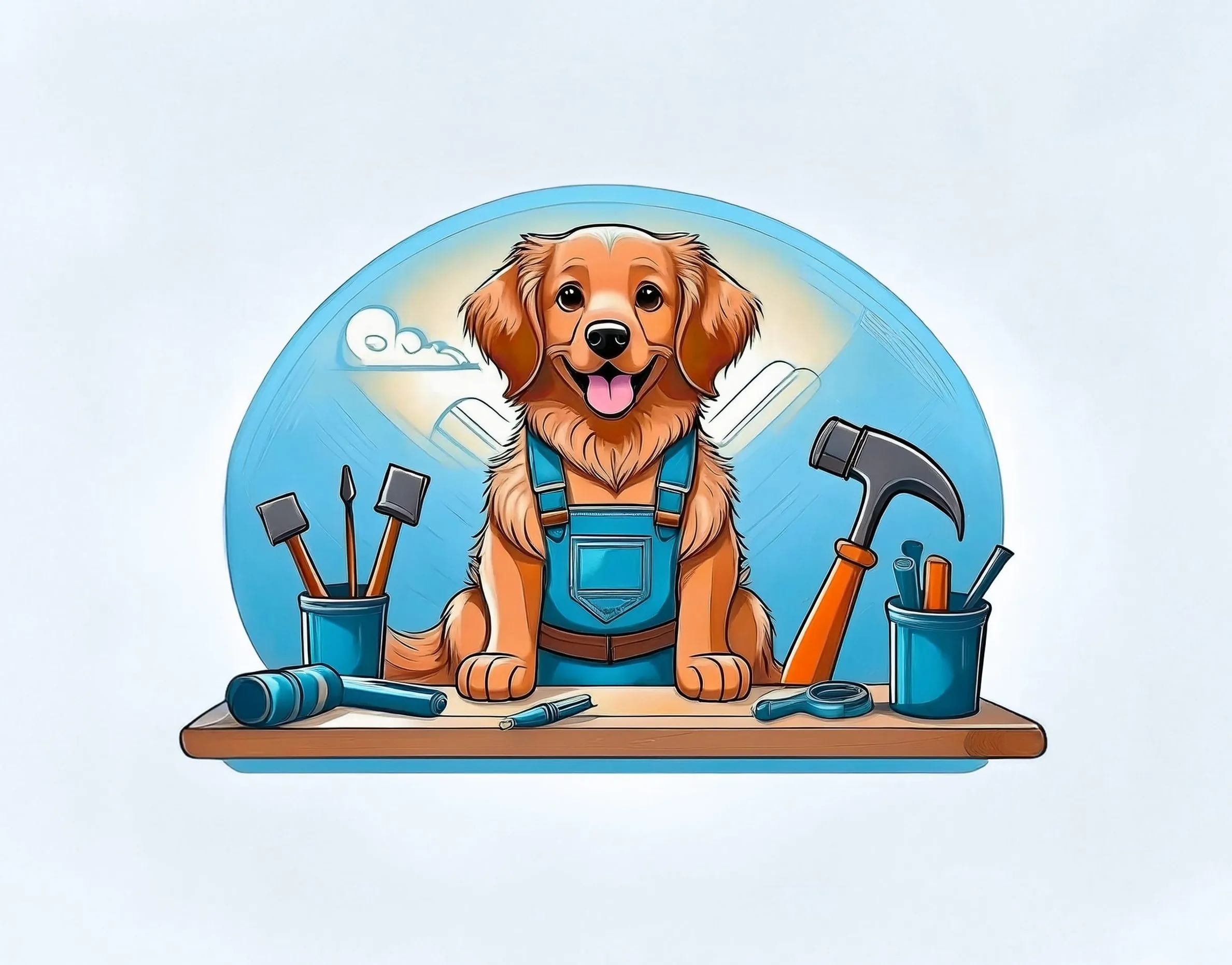 Ein Cartoon von einem braunem Hund bei der Arbeit an einer Werkbank. Der Hund trägt eine blaue Latzhose und um ihn herum sind verschiedene Werkzeuge zu sehen.