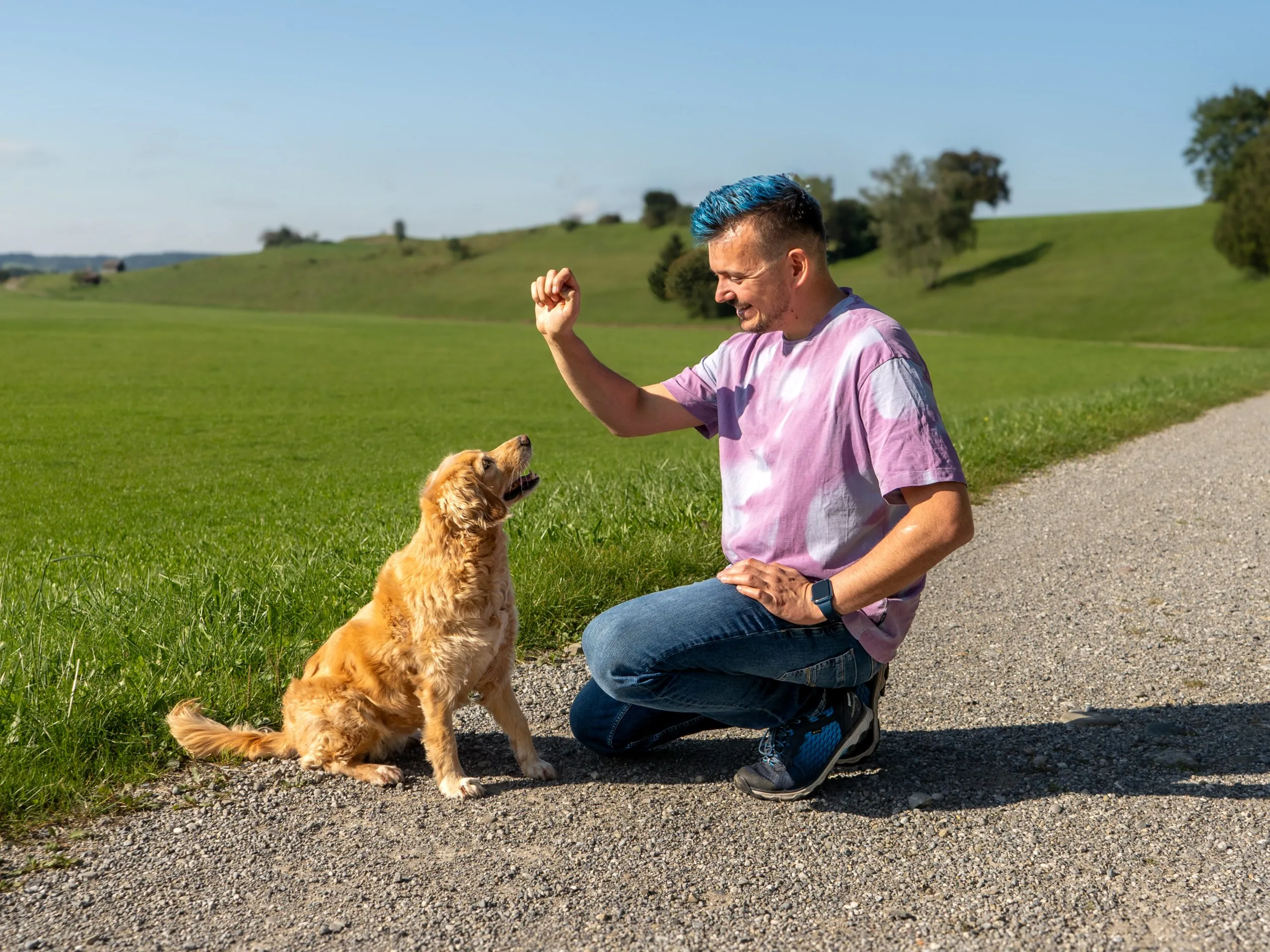 Hundetrainer der Hundeschule Hundemax beim Spazieren und Trainieren mit Hündin Jenny in Weilheim-Schongau.