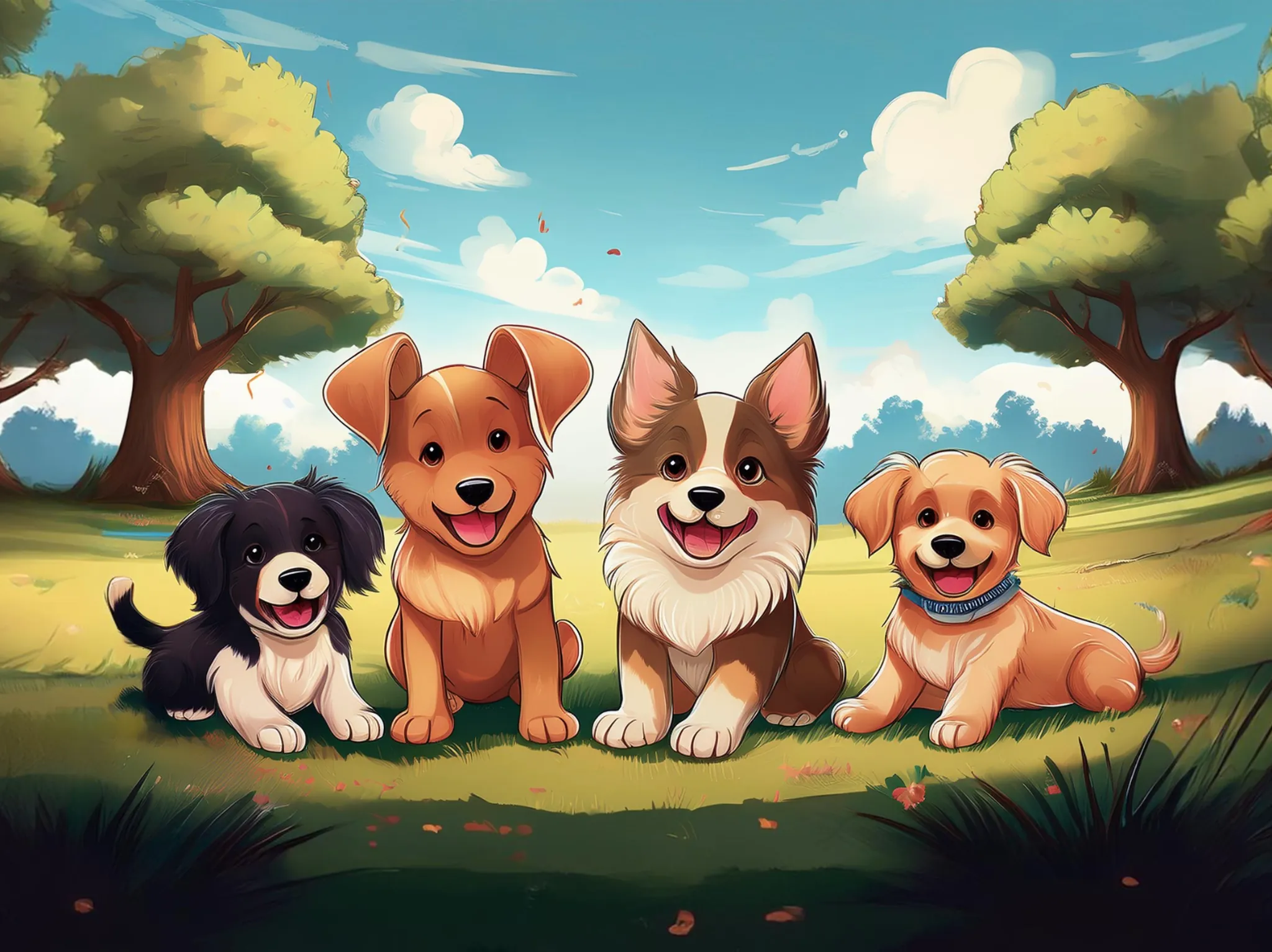 Ein Cartoon von vier verschiedenen Welpen auf einer Wiese an einem sonnigen Tag. Die Hunde nehmen an einem Welpenkurs teil und freuen sich auf das gemeinsame Spielen.